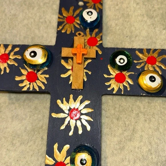 Evil Eye & Sun Wood  Cross - Picture 3 of 6